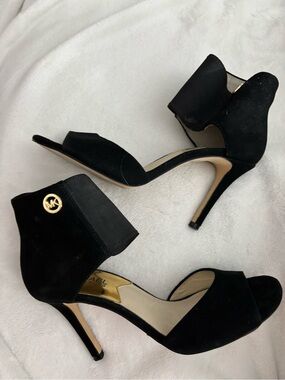 Michael Kors Black Suede Open-Toe Ankle Cuff Heels with Gold MK Accent